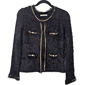 Peace N Love Designer Look Black Cardigan Sweater M Gold Trim Hook & Eye Closure